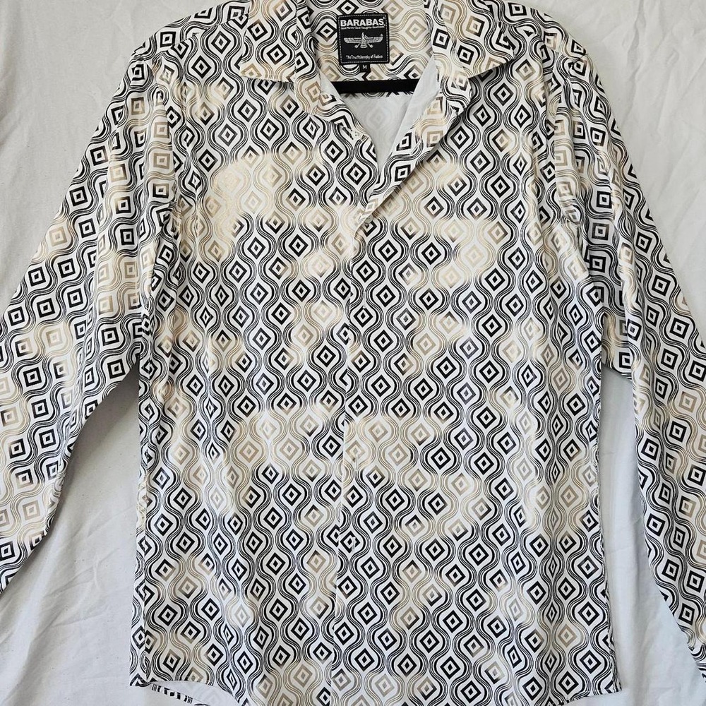 BARABAS Men's M Geometric Print Long Sleeve Button-Up Shirt White Black Beige